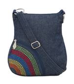 Blue denim women's sling bag with side embroidery