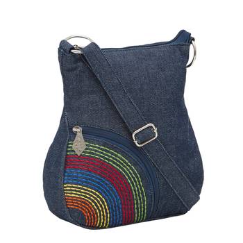 Blue denim women's sling bag with side embroidery 2