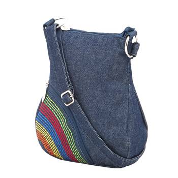Blue denim women's sling bag with side embroidery 3