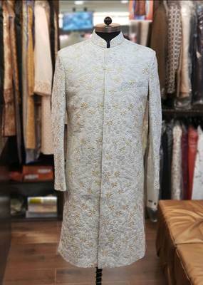 White embroidered silk sherwani 1