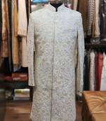 White embroidered silk sherwani
