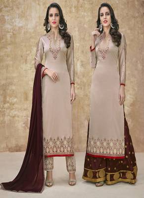 Beige embroidered satin semi stitched salwar with dupatta 1