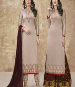 Beige embroidered satin semi stitched salwar with dupatta
