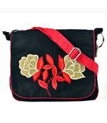 Pick Pocket black and red canvas sling bag with golden embroidery