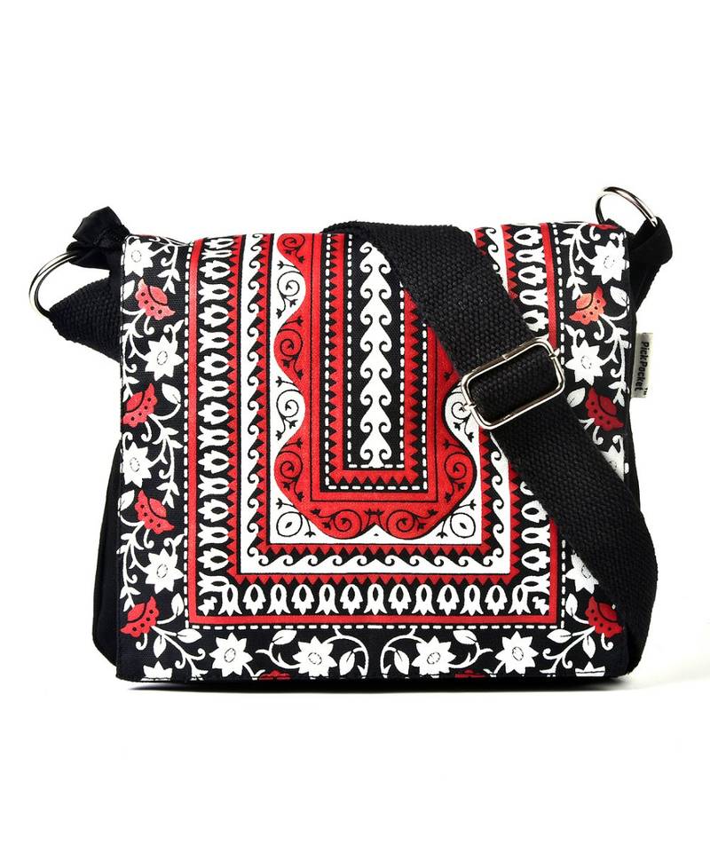Pick Pocket red Aztec printed and embroidered  flap red canvas sling bag