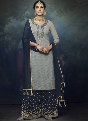 Grey embroidered georgette semi stitched salwar with dupatta 1