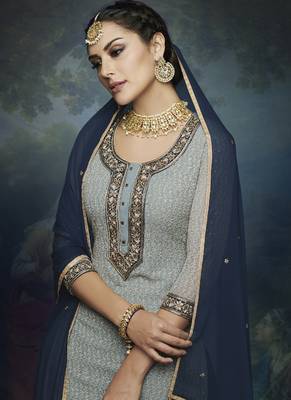 Grey embroidered georgette semi stitched salwar with dupatta 2