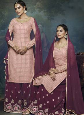Baby-pink embroidered georgette semi stitched salwar with dupatta 2
