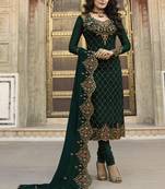Dark-Green Embroidered Georgette Semi Stitched Salwar With Dupatta