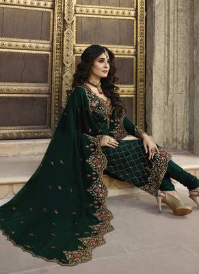 Dark-Green Embroidered Georgette Semi Stitched Salwar With Dupatta 2