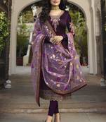 Wine Embroidered Satin Polyster Salwar