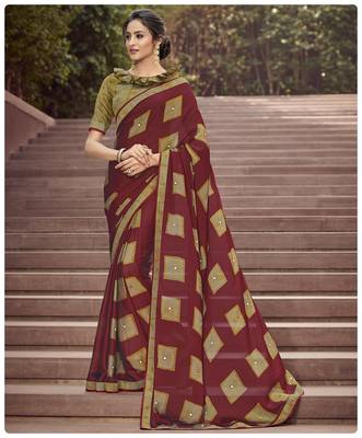 Maroon printed georgette saree with blouse 1