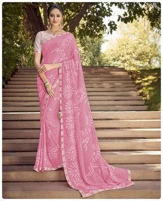Pink printed georgette saree with blouse 1