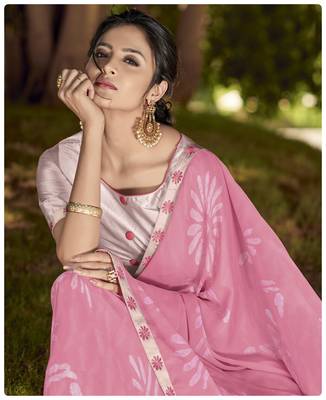Pink printed georgette saree with blouse 2