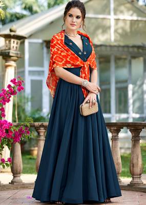 Blue plain silk party-wear-kurtis 1
