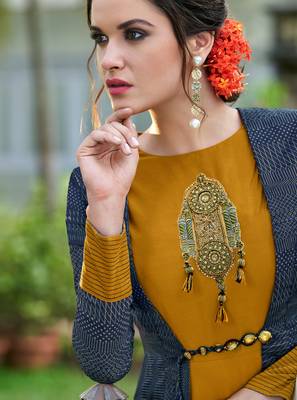 Mustard embroidered silk party-wear-kurtis 2