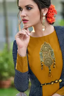 Mustard embroidered silk party-wear-kurtis
