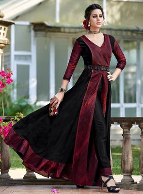 Wine printed silk party-wear-kurtis 2
