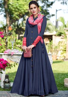 Blue plain georgette party-wear-kurtis 1
