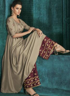 Beige embroidered silk blend salwar 3