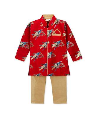 red printed art silk stitched boys kurta pyjama 1