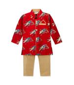 red printed art silk stitched boys kurta pyjama