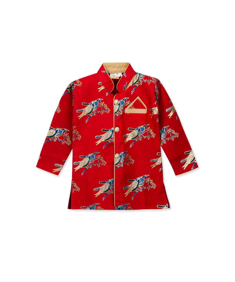 red printed art silk stitched boys kurta pyjama