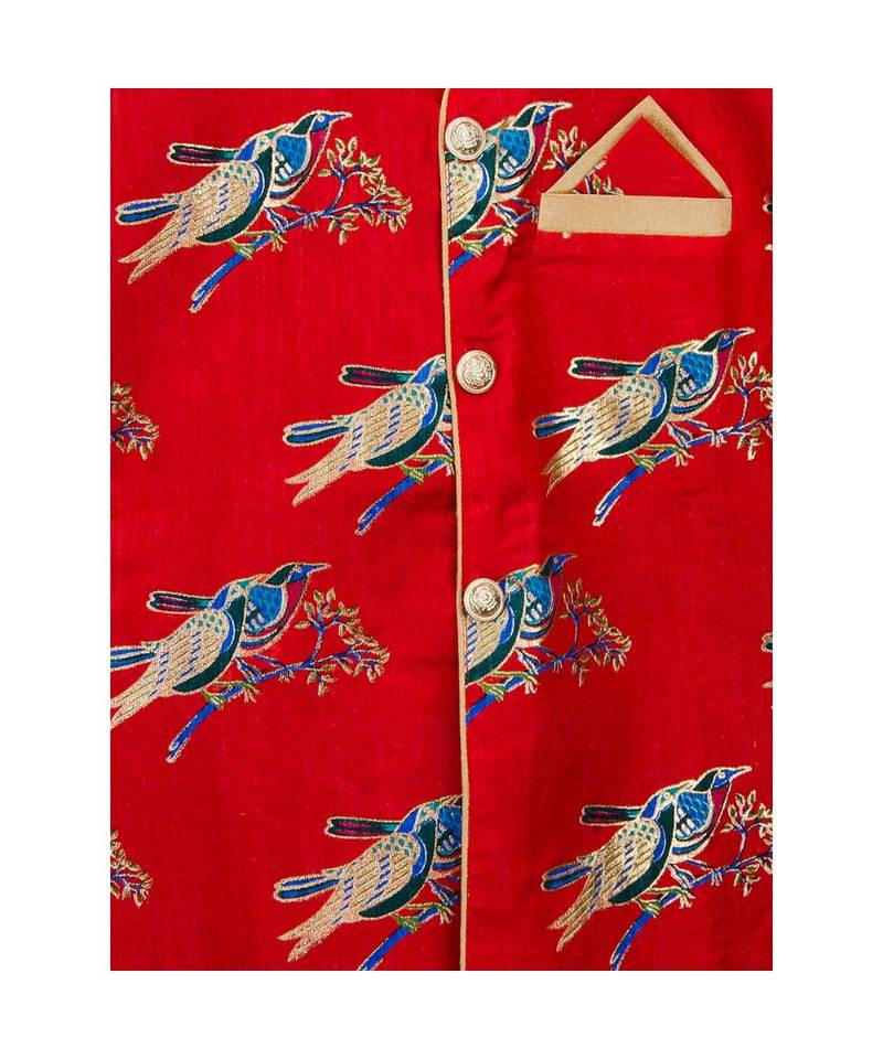 red printed art silk stitched boys kurta pyjama