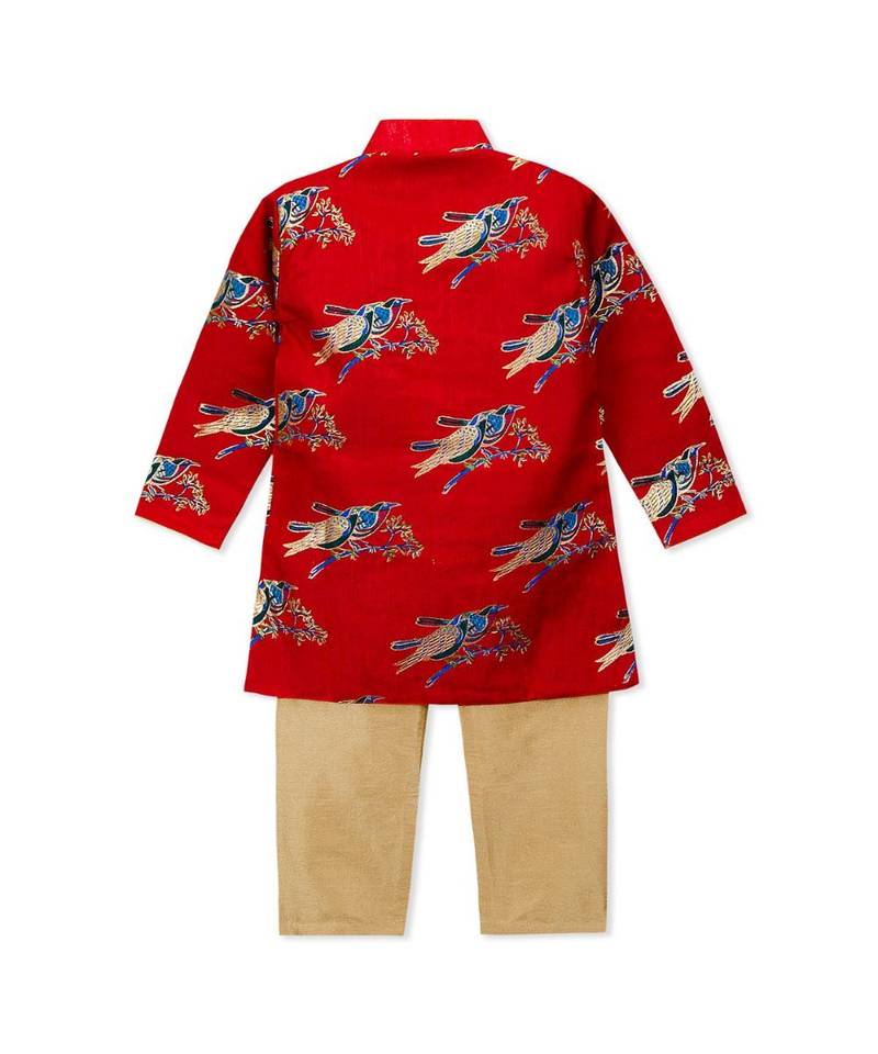 red printed art silk stitched boys kurta pyjama