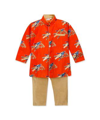 orange printed art silk stitched boys kurta pyjama 1
