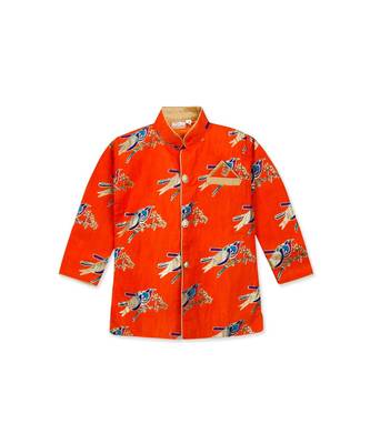 orange printed art silk stitched boys kurta pyjama 2