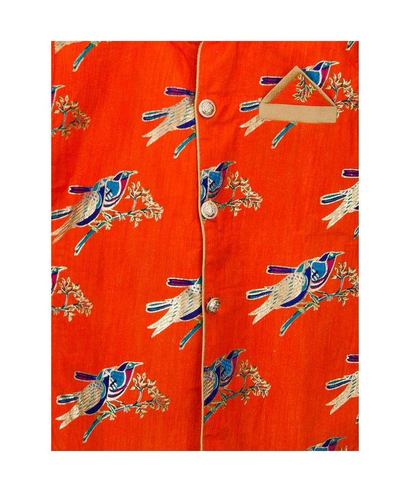 orange printed art silk stitched boys kurta pyjama