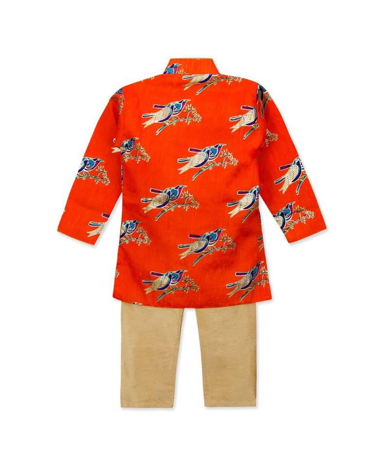 orange printed art silk stitched boys kurta pyjama