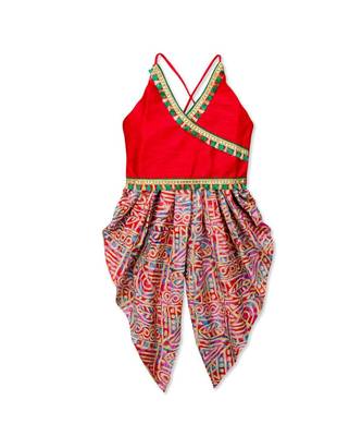 red printed dupion silk top with dhoti for girls 1