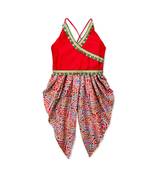red printed dupion silk top with dhoti for girls
