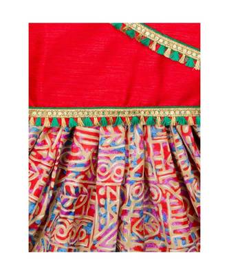 red printed dupion silk top with dhoti for girls 2
