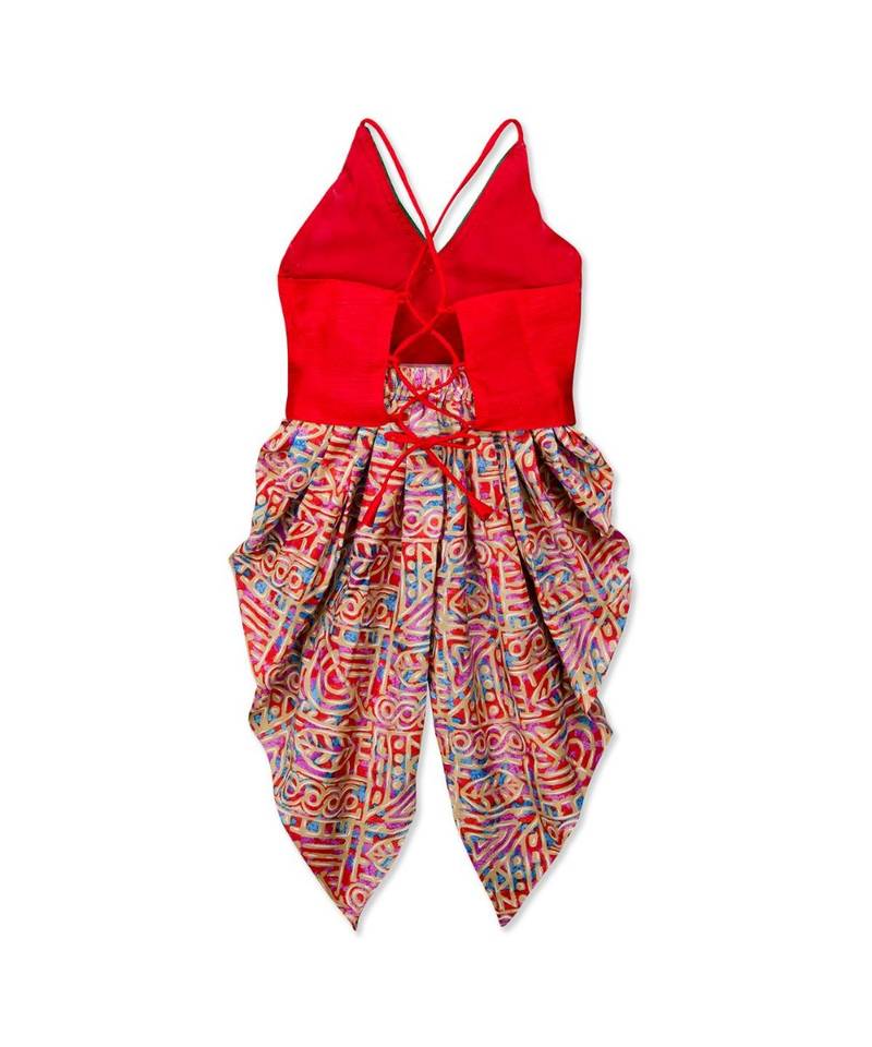 red printed dupion silk top with dhoti for girls