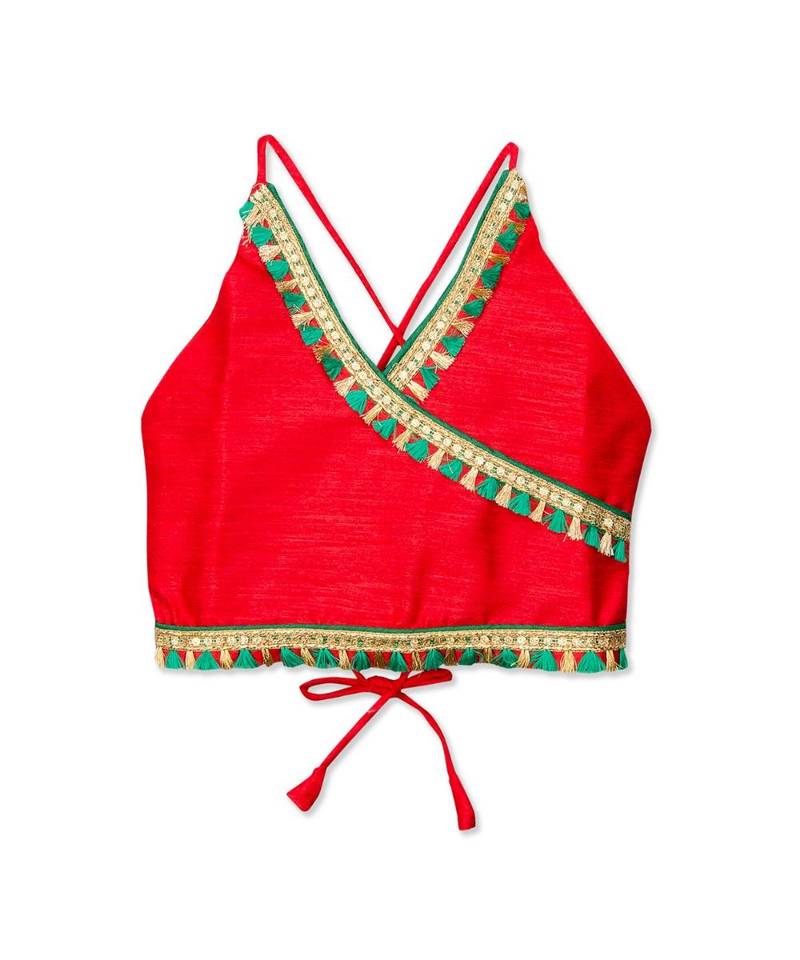 red printed dupion silk top with dhoti for girls