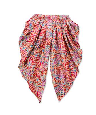 red printed dupion silk top with dhoti for girls 5