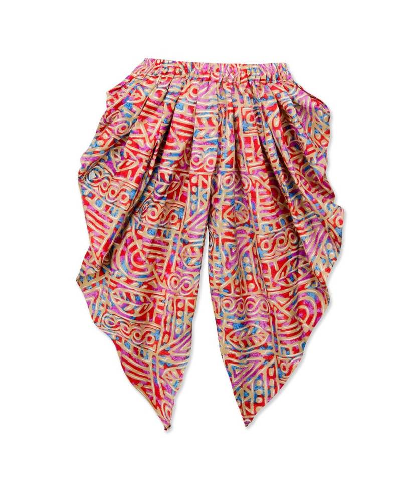 red printed dupion silk top with dhoti for girls