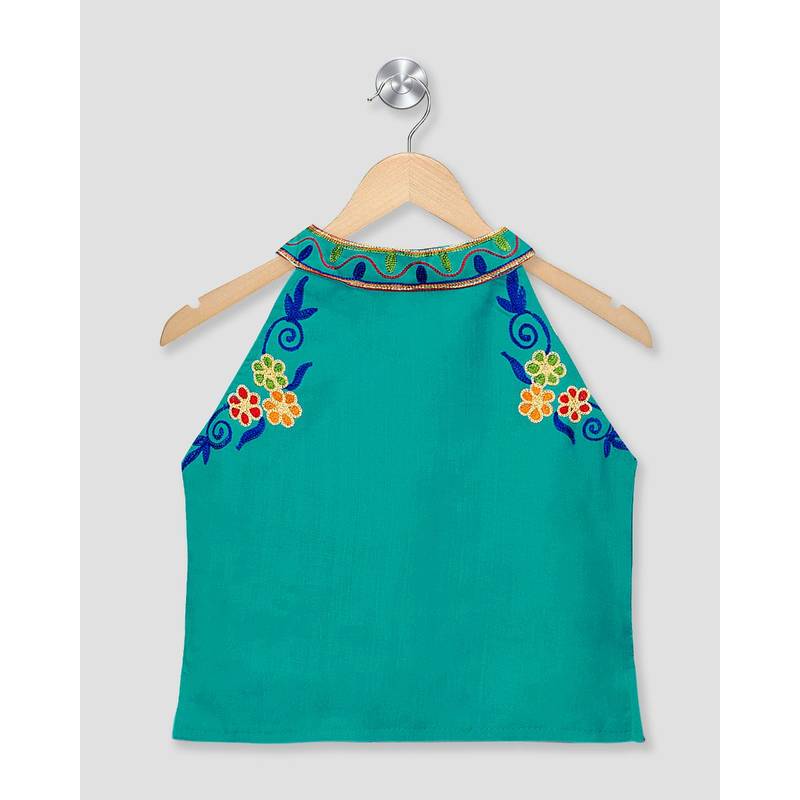 green embroidered cotton stitched kids tops