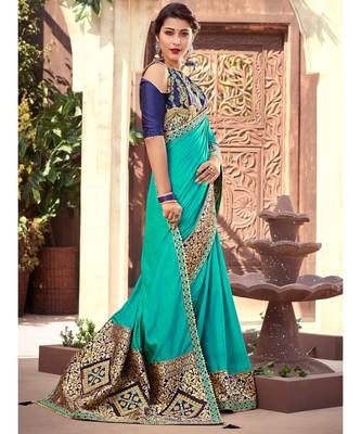 green embroidered silk blend saree with blouse 1