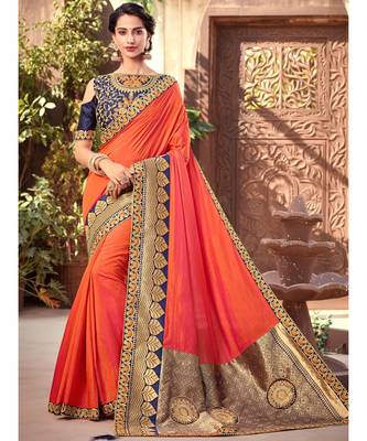 peach embroidered silk blend saree with blouse 1