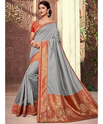 grey embroidered silk blend saree with blouse 1
