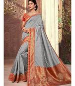 grey embroidered silk blend saree with blouse