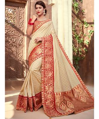 off white embroidered silk blend saree with blouse 1