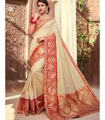 off white embroidered silk blend saree with blouse