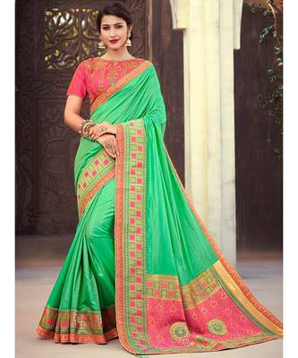 green embroidered silk blend saree with blouse 1