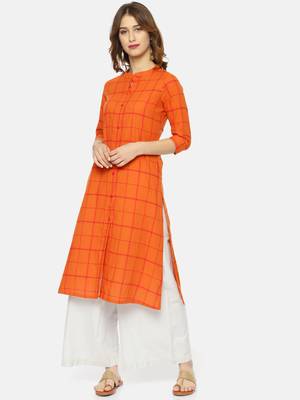 Orange printed cotton ethnic kurtis 1