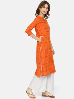 Orange printed cotton ethnic kurtis 4